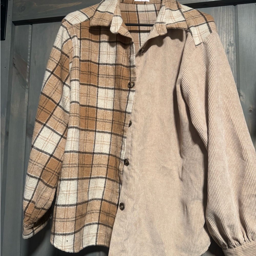 Pink Lily Tan and Cream Plaid Shirt